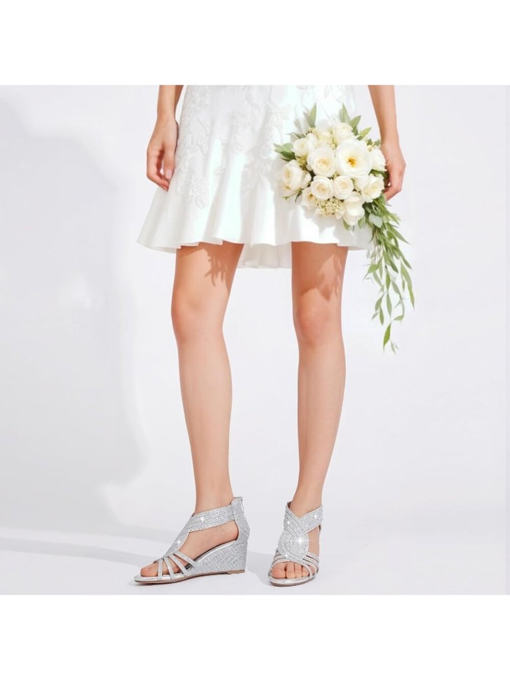 Women's Silver Sparkly Rhinestone Wedge Sandal Dressy Wedding Party Zipper Shoes - Picture 2 of 6
